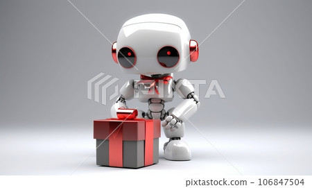 White, modern robot with New Year and Christmas gifts on a plain background. AI generated White, modern robot with New Year and Christmas gifts on a plain background. AI generated 106847504