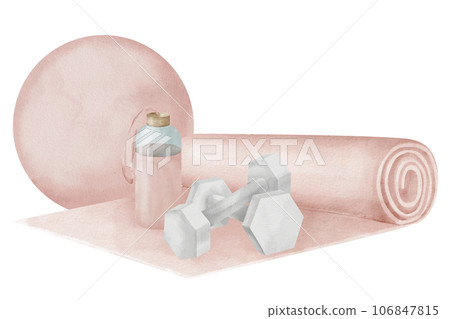 Sports fitball and pink yoga mat on isolated background. Hand drawn watercolor illustration of Fitness exercise equipment for women. Composition of dumbbells and water bottle for female gym training. Sports fitball and pink yoga mat on isolated background. Hand drawn watercolor illustration of Fitness exercise equipment for women. Composition of dumbbells and water bottle for female gym training. 106847815