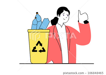 Zero waste concept with people scene in flat web design. Woman sorting garbage, collecting plastic bottles to trash bin for recycling. Vector illustration for social media banner, marketing material. 106848465