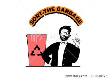 Zero waste concept with people scene in flat web design. Man campaigning eco lifestyle and sort the garbage for nature protecting. Vector illustration for social media banner, marketing material. 106848475