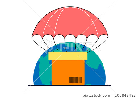 Worldwide delivery concept with people scene in flat web design. International shipping service by airplane, sending parcels by air. Vector illustration for social media banner, marketing material. 106848482