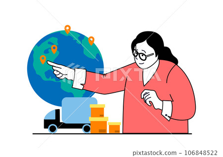 Worldwide delivery concept with people scene in flat web design. Woman managing supply shipping and international logistics business. Vector illustration for social media banner, marketing material. Worldwide delivery concept with people scene in flat web design. Woman managing supply shipping and international logistics business. Vector illustration for social media banner, marketing material. 106848522