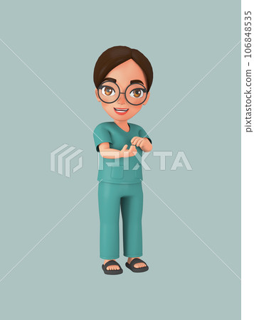A female character ties her hair into a bun in a green nursing assistant uniform. 3d illustration 106848535