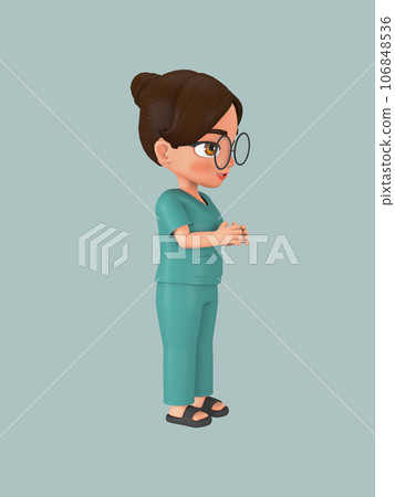 A female character ties her hair into a bun in a green nursing assistant uniform. 3d illustration 106848536
