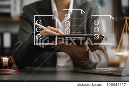 Justice and law concept. Online business contract Electronic signature, e-signing, digital document management, paperless office , working touch screen tablet. 106848557