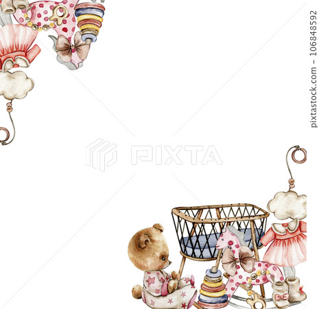 Toys frame corner composition, watercolor illustration for cards, backgrounds, scrapbooking. Cartoon hand drawn background with toys for kids design. Perfect for wedding invitation. Toys frame corner composition, watercolor illustration for cards, backgrounds, scrapbooking. Cartoon hand drawn background with toys for kids design. Perfect for wedding invitation. 106848592