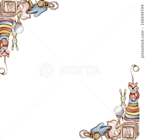 Toys frame corner composition, watercolor illustration for cards, backgrounds, scrapbooking. Cartoon hand drawn background with toys for kids design. Perfect for wedding invitation. 106848594