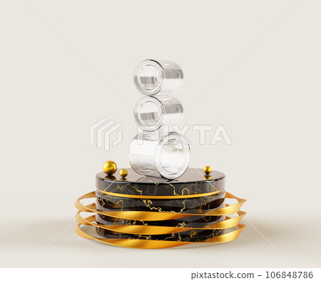 3d render glass transparent clear cylinders on black marble stone stand podium. Abstract geometric sculpture on golden pedestal platform, exhibition display in museum or art gallery. 3D illustration 3d render glass transparent clear cylinders on black marble stone stand podium. Abstract geometric sculpture on golden pedestal platform, exhibition display in museum or art gallery. 3D illustration 106848786