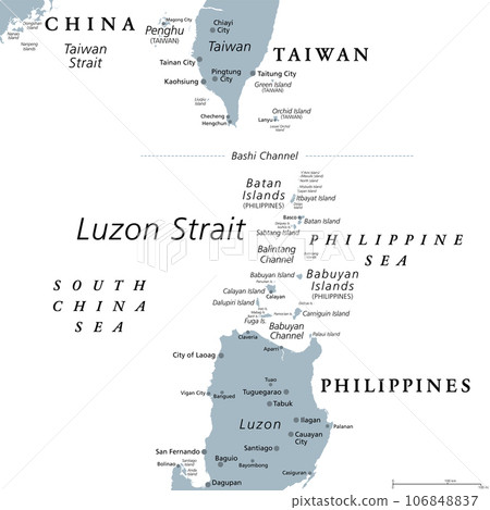 Luzon Strait, gray political map. Strait between Luzon and Taiwan, connecting Philippine Sea to South China Sea in the western Pacific Ocean. Important body of water for shipping and communications. 106848837
