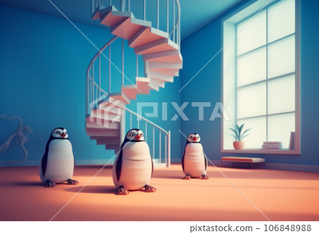 Cute toy penguins in interior of kids room with spiral staircase. Stylish comfortable interior in minimal style 106848988