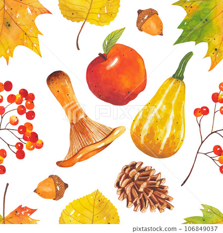 Seamless autumn bright, colorful pattern of leaves, mushrooms, acorns, cones, pumpkins, apple, rowan. Hand-drawn autumn forest elements. Natural print for textile and scrapbooking. 106849037