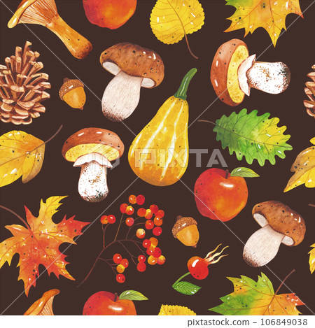 Seamless autumn bright, colorful pattern of leaves, mushrooms, acorns, cones, pumpkins, apple, rowan on brown background. Hand-drawn autumn forest elements. Natural print for textile and scrapbooking. 106849038