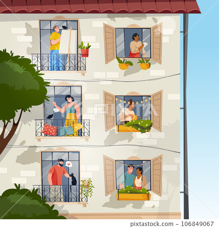 Outdoor view on home facade windows vector image Outdoor view on home facade windows vector image 106849067