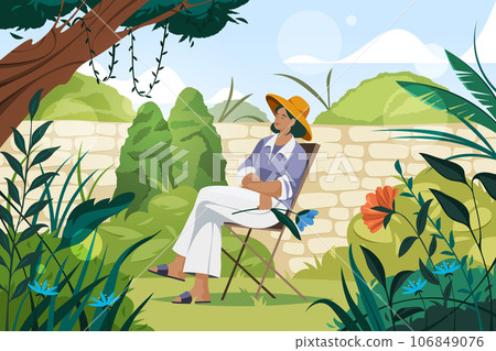 Woman having rest in garden outdoors. Vector card 106849076