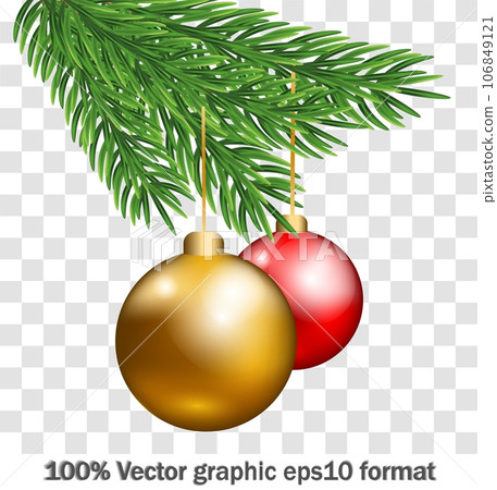 red and gold Christmas tree ball hanging on a green spruce branch. On a transparent background. design element, copy space, postcard, social media, cover design. New Year and Christmas red and gold Christmas tree ball hanging on a green spruce branch. On a transparent background. design element, copy space, postcard, social media, cover design. New Year and Christmas 106849121