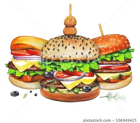 Three burgers, hand drawn, fast food watercolor illustration. Three burgers, hand drawn, fast food watercolor illustration. 106849425