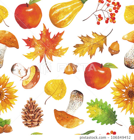 Seamless autumn bright, colorful pattern of leaves, sunflowers, mushrooms, acorns, cones, pumpkins, rowan, apple. Hand-drawn autumn forest elements. Natural print for textile and scrapbooking. 106849452