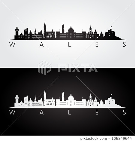 Wales skyline and landmarks silhouette Wales skyline and landmarks silhouette 106849644