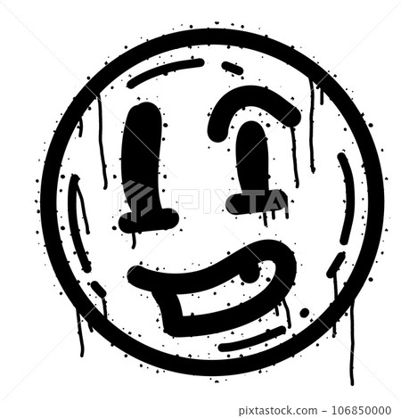 Graffiti grunge face. Cartoon aerosol fun expression. Spray funky paint art with leak and dot. Street art and urban vandalism symbol. Black grungy spill character isolated on white 106850000
