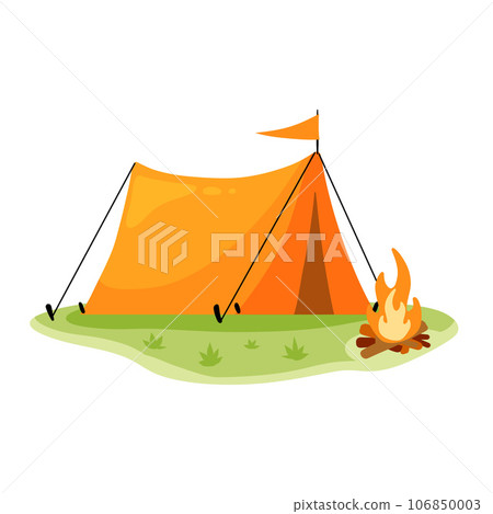Tourist tent and fire. Triangular shelter in camp on green lawn with campfire. Concept of summer adventure, tourism, recreation and vacations in nature. Flat cartoon illustration 106850003