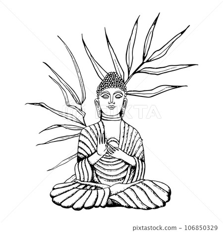 Buddha sitting in bamboo branches hand drawn line art vector illustration. Meditation element for yoga, buddhism black and white designs Buddha sitting in bamboo branches hand drawn line art vector illustration. Meditation element for yoga, buddhism black and white designs 106850329