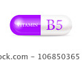 Capsule vitamin B5 (Thiamine) 3D Vector Illustration. Structure purple, white. Vitamin complex with chemical formula. Drug business concept. Personal care, beauty concept. transparent capsule pill. 106850365