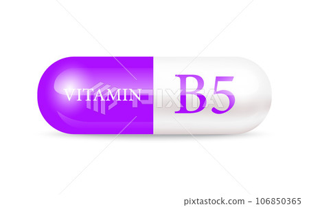 Capsule vitamin B5 (Thiamine) 3D Vector Illustration. Structure purple, white. Vitamin complex with chemical formula. Drug business concept. Personal care, beauty concept. transparent capsule pill. 106850365