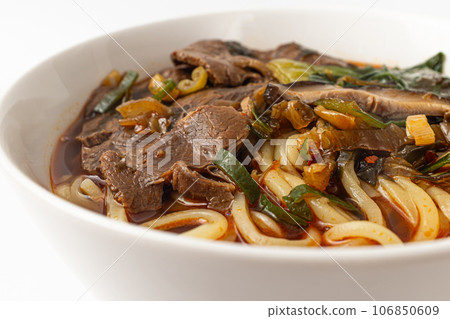 Taiwanese beef noodle on white background 106850609