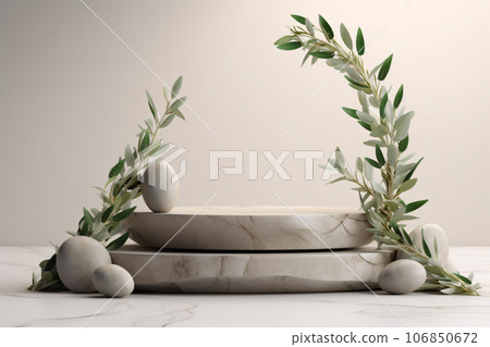 Stone Podium with Olive Branches. Natural Organic Spa Concept 106850672