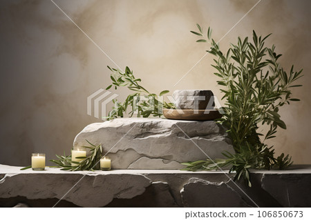 Stone Podium with Olive Branches. Natural Organic Spa Concept 106850673