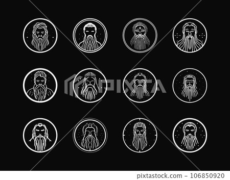 Jesus Christ portrait round icon set, clean logo emblem depicting a bearded sage for religious organizations and spirituality brands. Iconic silhouette design. Vector logo 106850920