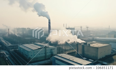 Top view of industrial landscape with chimneys with thick smoke causing air pollution in a gray smoky sky Top view of industrial landscape with chimneys with thick smoke causing air pollution in a gray smoky sky 106851171