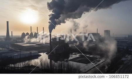 Top view of industrial landscape with chimneys with thick smoke causing air pollution Top view of industrial landscape with chimneys with thick smoke causing air pollution 106851172