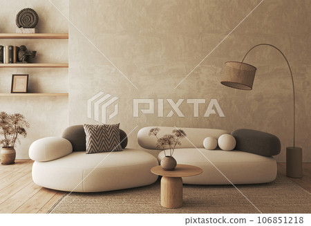 Boho beige livingroom with big lamp, shelves and sofa background. Light modern farmhouse nature interior. 3d rendering. High quality 3d illustration 106851218