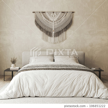 Home interior bedroom with bed and ethnic decor. White bedding and black bedside table. 3d rendering. High quality 3d illustration 106851222