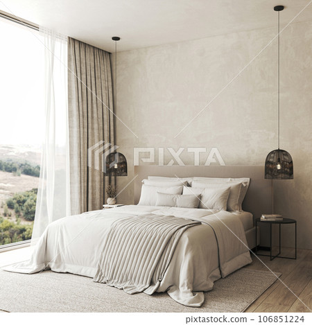 Home interior bedroom with bed and lamp. White bedding and black bedside table. Window with mountains nature view background. 3d rendering. High quality 3d illustration 106851224