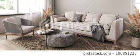 Scandinavian style livingroom interior design. Horizontal banner panoramic background. Beige sofa, wooden floor and pampas grass. 3d rendering. High quality 3d illustration 106851225