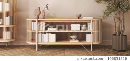Japanese boho beige interior with shelfs and ethnic commode background. Light modern australian livingroom. Horizontal banner panoramic background. 3d rendering. High quality 3d illustration 106851226