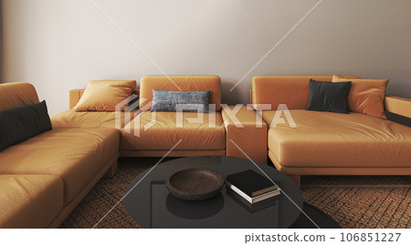 Beige livingroom interior design with natural orange furniture. Scandi boho style interior background. Horizontal banner panoramic. 3d rendering. High quality 3d illustration Beige livingroom interior design with natural orange furniture. Scandi boho style interior background. Horizontal banner panoramic. 3d rendering. High quality 3d illustration 106851227