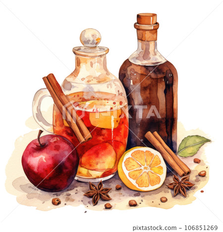 Watercolor mulled wine from a bottle with cinnamon, vanilla and apple Watercolor mulled wine from a bottle with cinnamon, vanilla and apple 106851269
