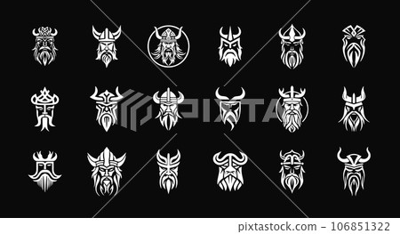 Scandinavian warrior emblem set, medieval mascot logo, ancient Norseman. Viking monochrome symbols collection, man in a horned helmet. Vector logo 106851322