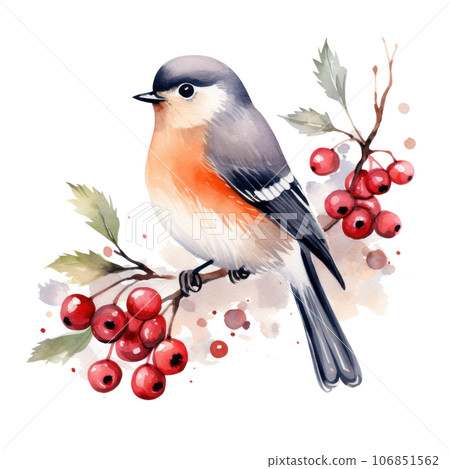 A bird sitting on a branch with red berries below it 106851562