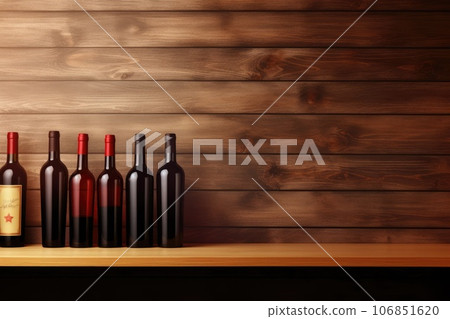 Bottles of red wine on a wooden shelf. Copy space for winery 106851620