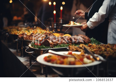 Catering buffet food indoor in restaurant with grilled meat. Catering buffet food indoor in restaurant with grilled meat. 106851637