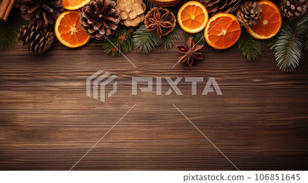 Festive Christmas decorations of cinnamon, pine cones and oranges on a wooden table Festive Christmas decorations of cinnamon, pine cones and oranges on a wooden table 106851645