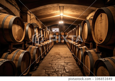 Old oak wooden barrels in underground cellars for maturing wine or whiskey Old oak wooden barrels in underground cellars for maturing wine or whiskey 106851649