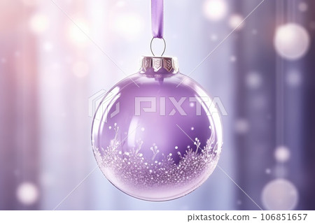Purple glass christmas ball hanging on ribbons. Home christmas decoration Purple glass christmas ball hanging on ribbons. Home christmas decoration 106851657