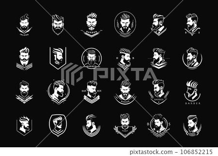 Bearded mustachioed man with modern hairstyle, portrait logo collection for gentleman barbershop, men facial care products logos. Monochrome silhouette classic style design. Vector logo. 106852215