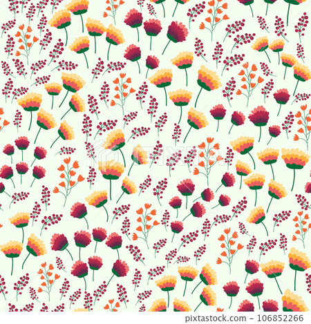 Floral seamless pattern. Daisies, lilies of the valley, clover, tulips, peonies, gritsiki, herbs. Print with small bright flowers, spring bouquet. Floral seamless pattern. Daisies, lilies of the valley, clover, tulips, peonies, gritsiki, herbs. Print with small bright flowers, spring bouquet. 106852266