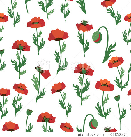 Summer seamless pattern with bright red poppy flowers and poppy pods. Field, meadow of poppies 106852271